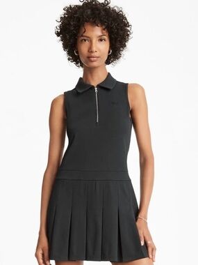 DKNY Shirt Collar Sleeveless Pleated Fit & Flare Mini Activewear Dress, black